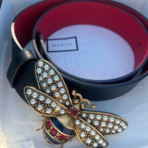 Gucci Black and Red Belt with Gold Pearl Bee Buckle